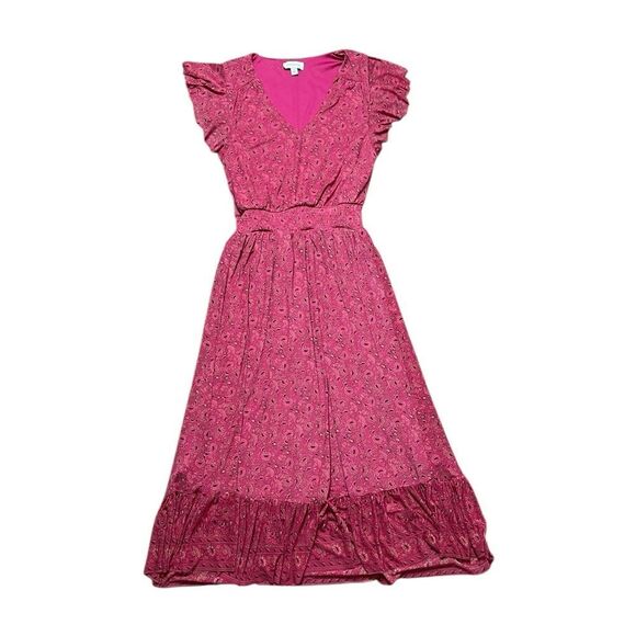 EVEREVE Elena Short Sleeve Floral V Neck MIdi Dress Pink Size Medium - Picture 2 of 14
